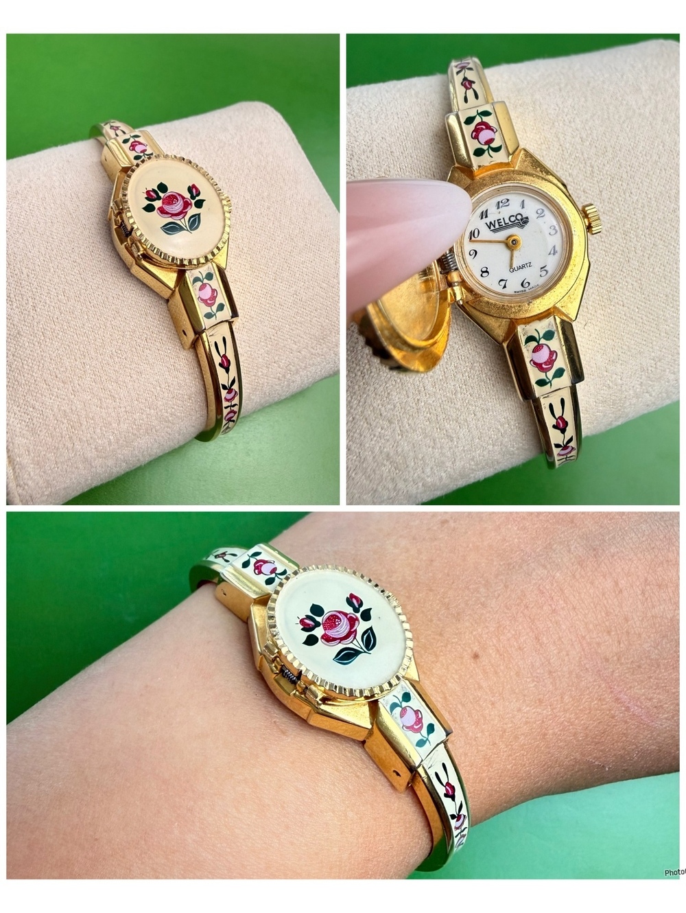 Vintage Swiss Made Peekaboo Hidden Watch Floral Enamel Gold Tone Bangle Bracelet